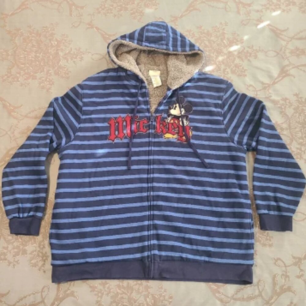 Disney Parks Mickey Mouse Blue Striped Fur Lined Full Zip Hoodie Size XXL